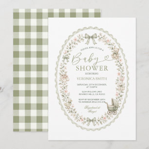 Sagegroene ovale boog gingham babyshower uitnodigi kaart