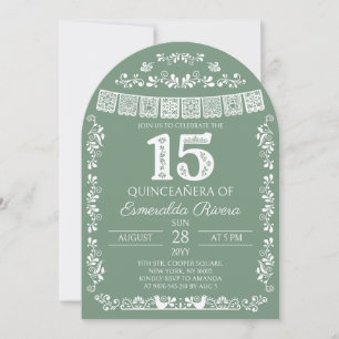 Sagegroene Papel Picado Quinceañera 15de verjaarda Kaart