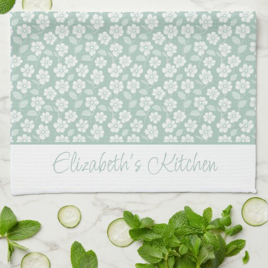 Sagegroene pastel lichte mint witte boho bloemen theedoek (Gevouwen)