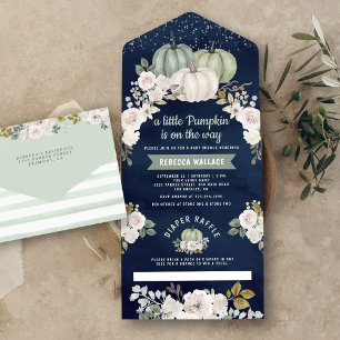 Sagegroene Pompoen Witte Bloemen Navy Baby Shower All In One Uitnodiging