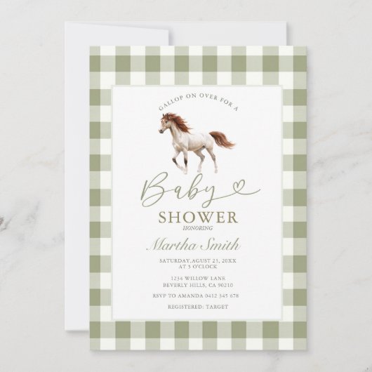 Sagegroene Pony Baby Shower Uitnodiging (Voorkant)