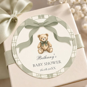 Sagegroene Preppy Gingham Teddybeer Baby Shower Ronde Sticker