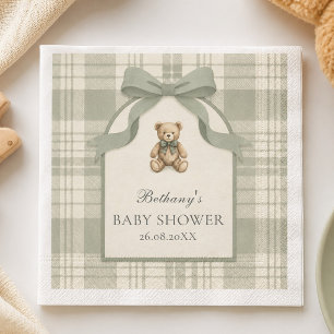Sagegroene Preppy Gingham Teddybeer Babyshower Servet