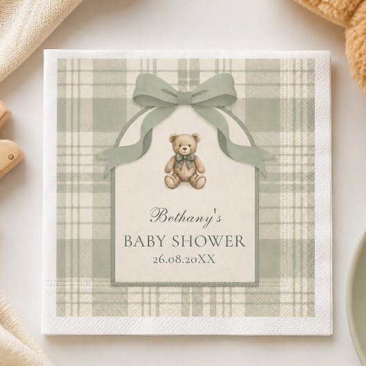Sagegroene Preppy Gingham Teddybeer Babyshower Servet