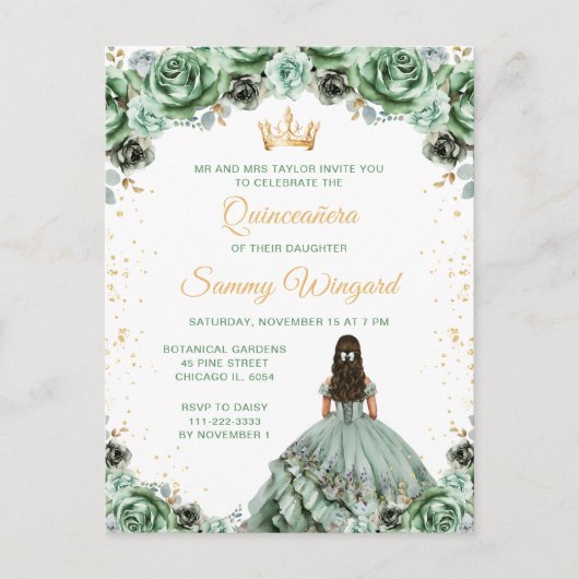 Sagegroene Prinses Bloemige Quinceañera Briefkaart (Voorkant)