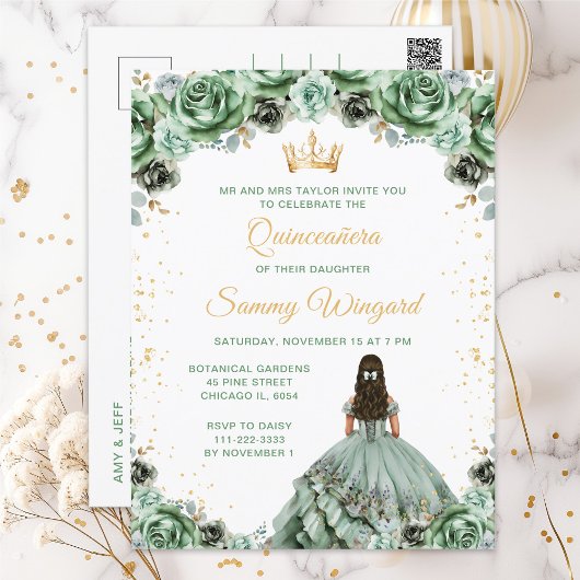 Sagegroene Prinses Bloemige Quinceañera Briefkaart