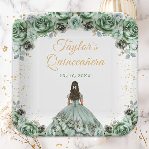 Sagegroene Prinses Bloemige Quinceañera Papieren Bordje