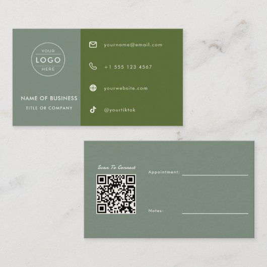 Sagegroene QR-code Aangepaste Afspraak Estheeticia Visitekaartje (Voorkant / Achterkant)