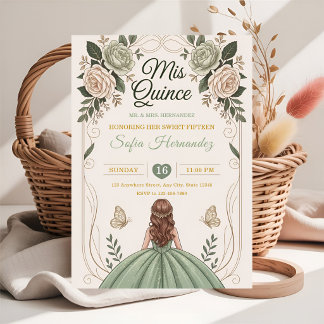 Sagegroene Quinceañera Gouden Kroon Vlinder  Kaart