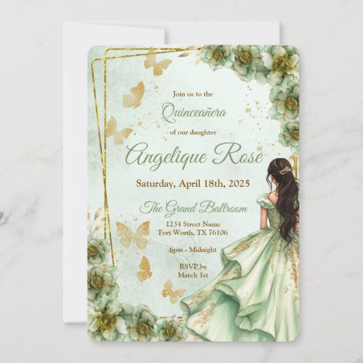 Sagegroene quinceanera uitnodiging (Voorkant)