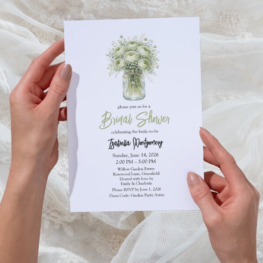 Sagegroene Ranunculus Mason Jar Bruidsfeest Kaart