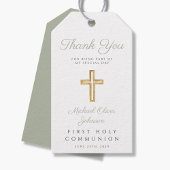 Sagegroene religieuze kruis eerste communie cadeaulabel