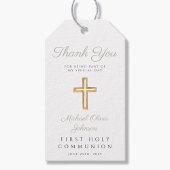Sagegroene religieuze kruis eerste communie cadeaulabel