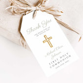 Sagegroene religieuze kruis eerste communie cadeaulabel