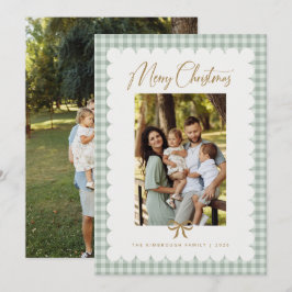 Sagegroene Retro Geschulpte Gingham Foto Kerstmis Feestdagenkaart