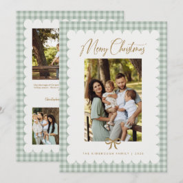 Sagegroene Retro Geschulpte Gingham Foto Kerstmis Feestdagenkaart