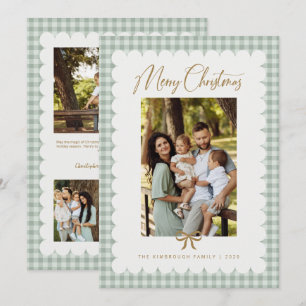 Sagegroene Retro Geschulpte Gingham Foto Kerstmis Feestdagenkaart