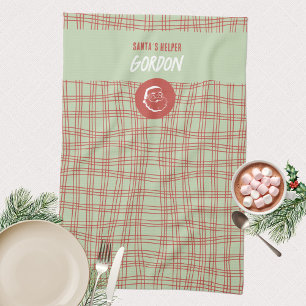 Sagegroene Retro Plaid Kerstman Helper Kerst Theedoek