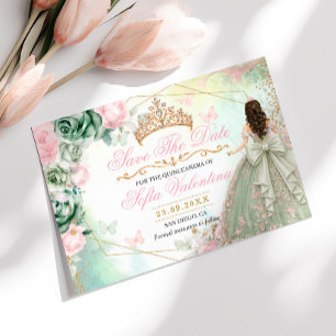 Sagegroene Roze Bloemige Quinceanera Save The Date