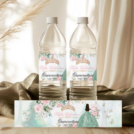 Sagegroene roze glinsterende jurk Quinceanera 15 A Waterfles Etiket