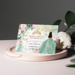 Sagegroene Roze Glitterjurk Quinceanera 15 Jaar RSVP Kaartje