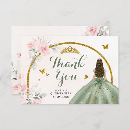Sagegroene Roze Roze Prinses Quinceanera Bedankkaart (Voorkant / Achterkant)