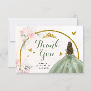 Sagegroene Roze Roze Prinses Quinceanera Bedankkaart