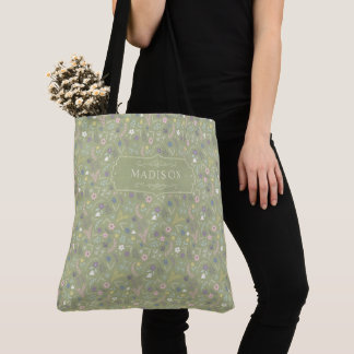 Sagegroene roze witte bloemen bloemmotief boho-pat tote bag