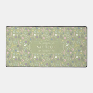 Sagegroene roze witte bloemen bloemrijk boho patro bureaumat