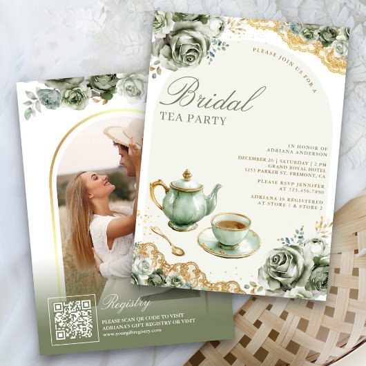 Sagegroene Rozen Bloemthee Bruiloft Bridal Shower Kaart