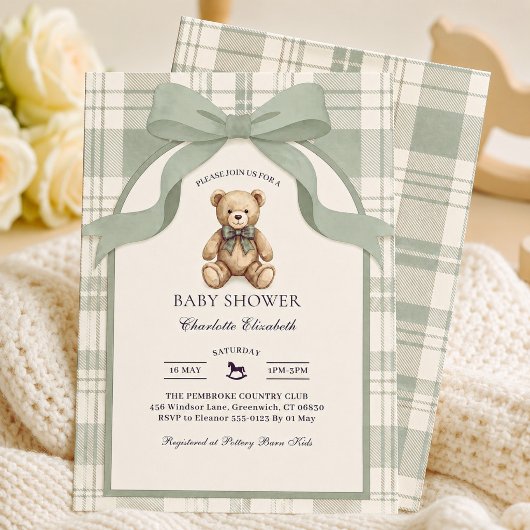 Sagegroene ruit gingham teddybeer babyshower kaart