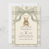Sagegroene ruit gingham teddybeer babyshower kaart (Voorkant)