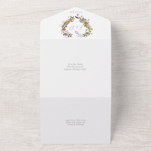 Sagegroene Rustieke Bloemencode QR Trouwfeest All In One Uitnodiging (Buitenkant)