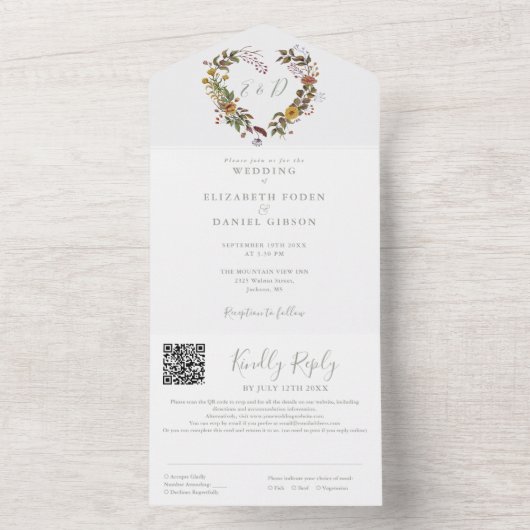 Sagegroene Rustieke Bloemencode QR Trouwfeest All In One Uitnodiging (Binnen)