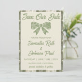 Sagegroene Rustieke Denim Foto Bruiloft Save The Date (Staand voorkant)