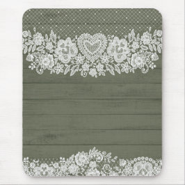 Sagegroene Rustieke Houten & Witte Kanten Lace Boe Muismat
