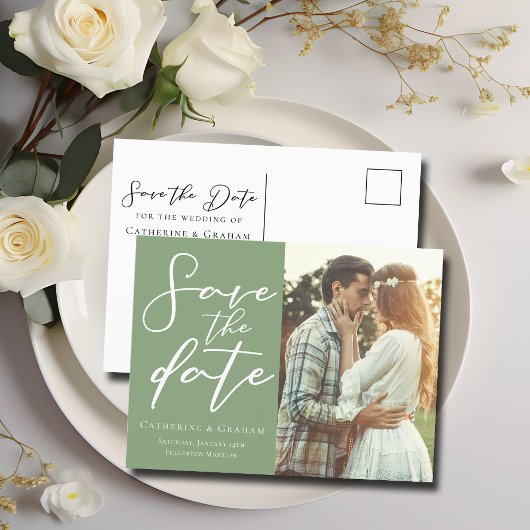 Sagegroene Script Koppel Foto Save the Date Aankondigingskaart