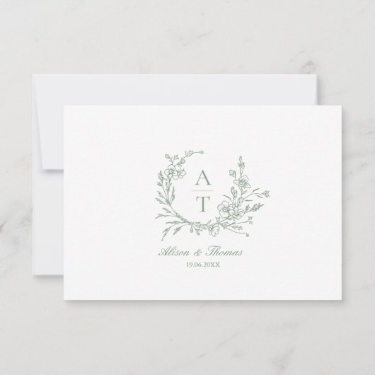 Sagegroene script wildflower monogram details kaar kaart (Achterkant)