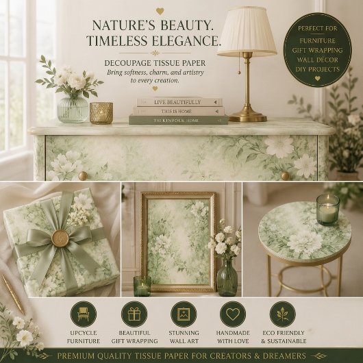 Sagegroene Shabby Chic Bloemendecoupage Ambacht Tissuepapier