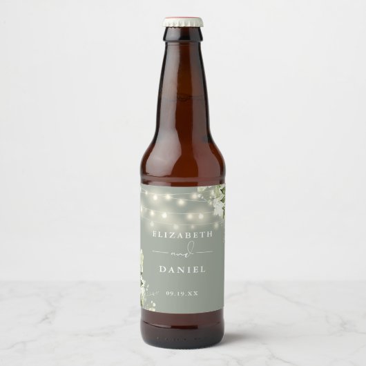 Sagegroene slingerlichten bloemige groene wedding  bier etiket (Voorkant)