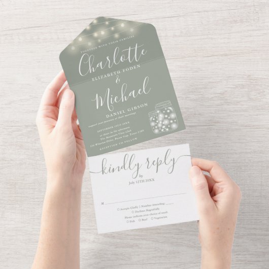 Sagegroene slingerlichten Metselwerkpotten Bruilof All In One Uitnodiging (Afscheurbaar)