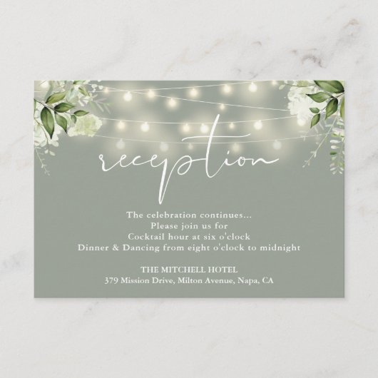 Sagegroene snoerlampjes bloemendecoratie bruilofts informatiekaartje (Voorkant)