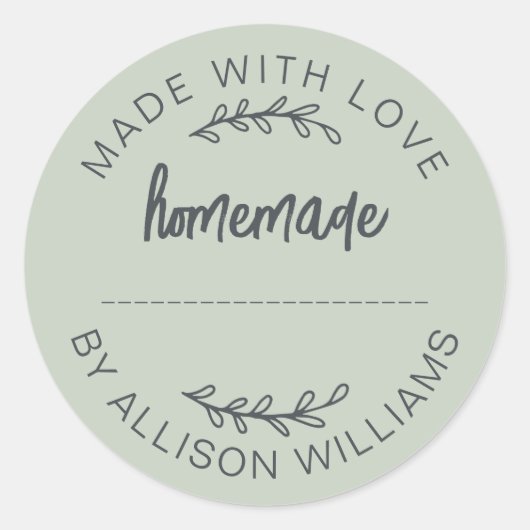 Sagegroene sticker met 'Made With Love Homemade Fo (Voorkant)