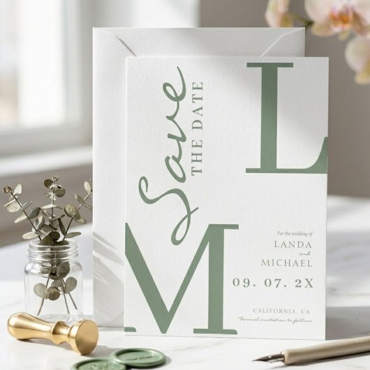 Sagegroene stijlvolle monogram bruiloft save the date