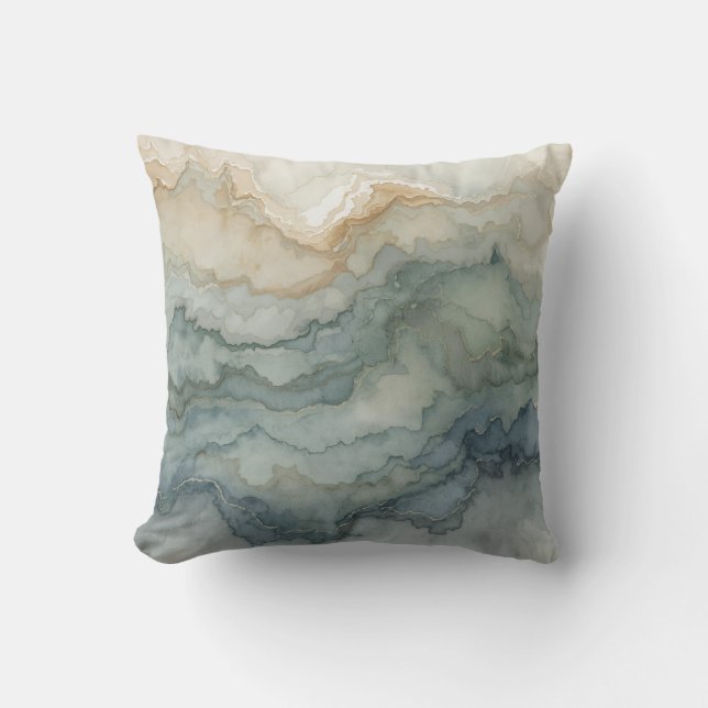 Sagegroene Stof Blauw Beige Abstracte Golven 16" Kussen (Voorkant)