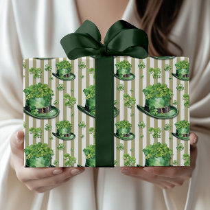 Sagegroene streep Muts met cute klaver St. Patrick Cadeaupapier