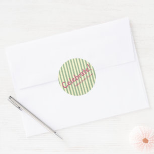 Sagegroene Strepen Roze Bruiloft Feest Vieren Ronde Sticker