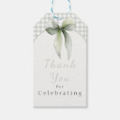 Sagegroene strik gingham baby shower cadeaulabel (Voorkant)
