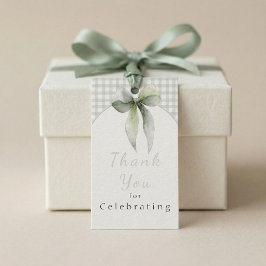 Sagegroene strik gingham baby shower cadeaulabel