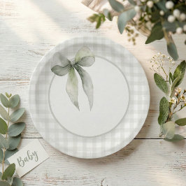 Sagegroene strik gingham baby shower papieren bordje